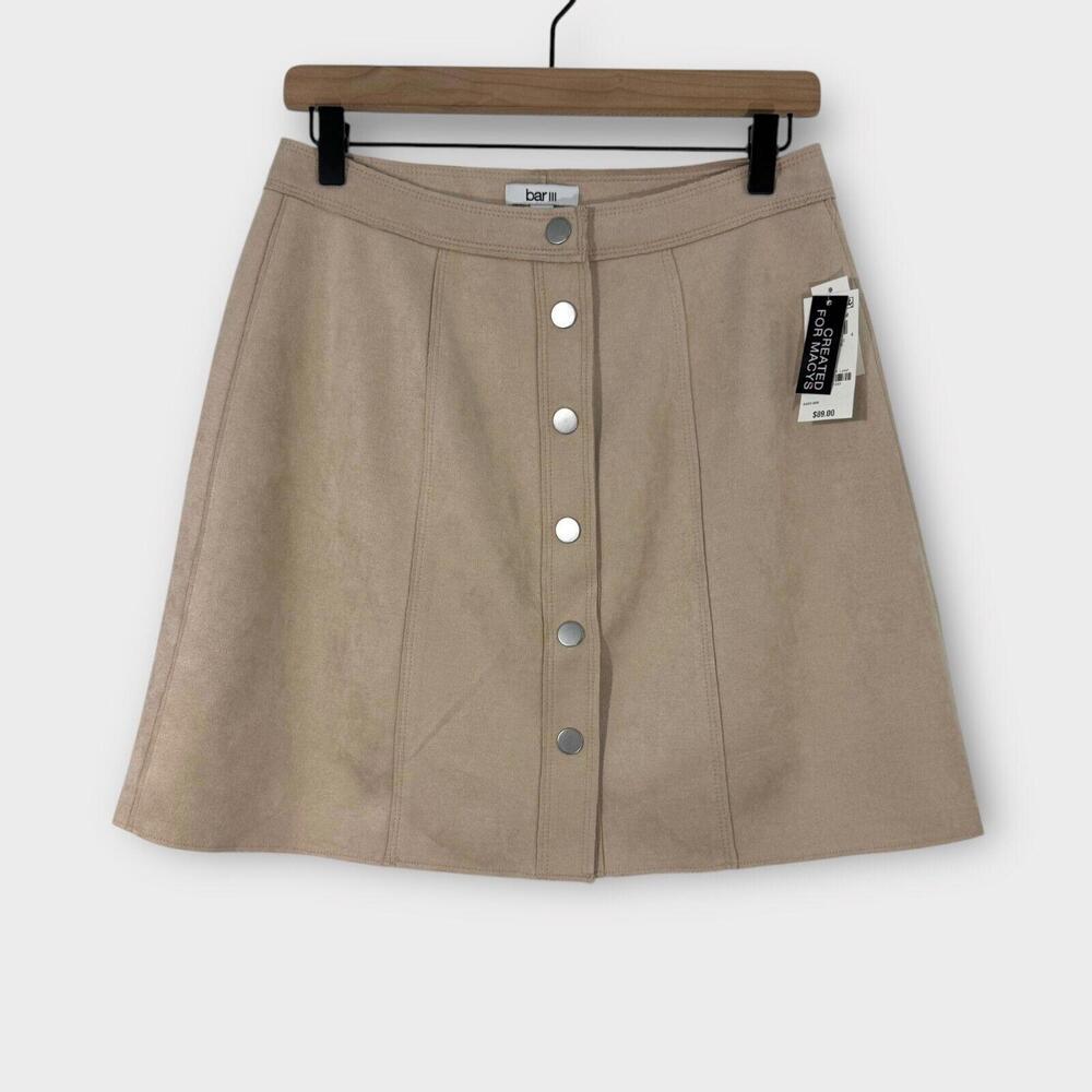 Bar III Women’s Size 4 Beige Faux Suede Snap Button A Line Mini Skirt New